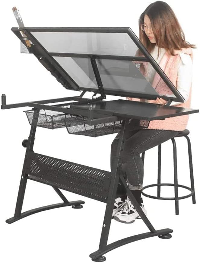 Glass Panel Drawing Table, Drawing Table with Storage, Height Adjustable Reclining Art Table for Work Study Painting Craft Table