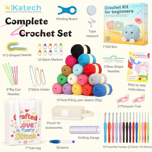 Image of Katech Crochet Kit for Beginners Adults Kids-Crochet Starter Kits-Includes Soft Yarn for Crocheting, Hooks, Accessories, Tutorials, Ideal Crocheting Kit for Kids Adults as Gift