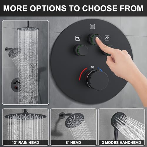 KOJOX Matte Black Thermostatic Shower System, Push Button Diverter Shower Faucet Set with 12" Ceiling Mount Rain Shower, 8" Wall Mount Shower Head, and 3-in-1 Handheld Spray by KOJOX - Image 3