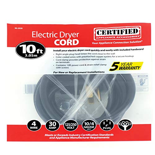 Certified Appliance Accessories 30-Amp Appliance Power Cord, 4 Prong Dryer Cord, 4 Color Coded Wires With Eyelet Connectors, 10Ft, Copper Wire, 90-2028 #TOP7