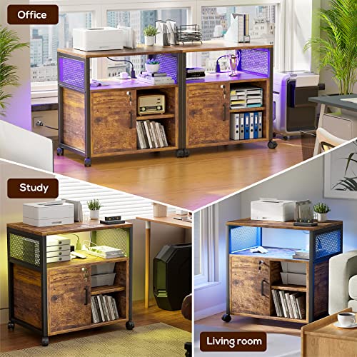 Rustic Brown LED File Cabinet with Power Outlets for Office - for Letter, A4, Legal Folders