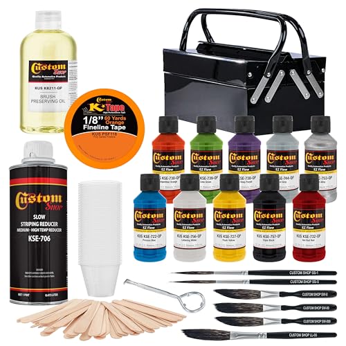 Custom Shop Pinstriping Ultimate Box Kit with Storage Box - 10-4 Ounce Enamel Paint Colors, Tape, Reducer, Brushes and Mixing Cups