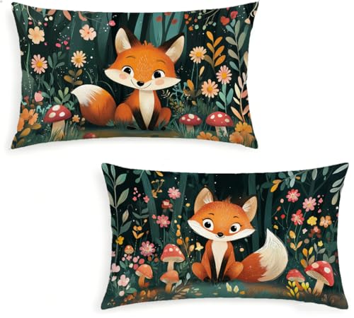 Genérico Flor Fundas Cojines 40x60 Juego de 2 Fundas de Cojines Zorro Lino Cojines Rectangular Decorativos con Cremallera Oculta para Cama Decoración Sofás Sala de Estar Dormitorio Exterior -1495