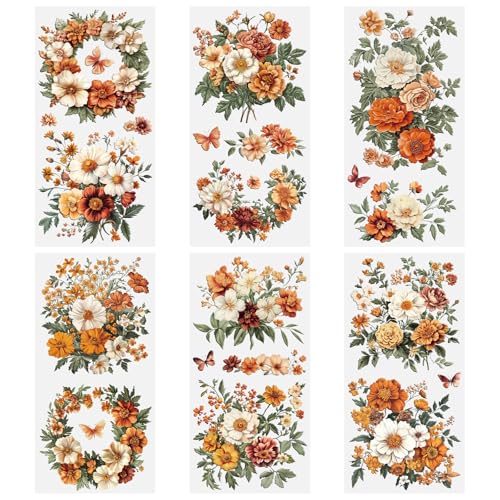 HICOHAND Rub on Transfers for Crafts 6 Sheets 15cmx30cm/5.91 * 11.81in Vintage Orange Floral Patterns Waterproof UV DTF Furniture Transfer Stickers for DIY Crafts Wood Glass Farbic