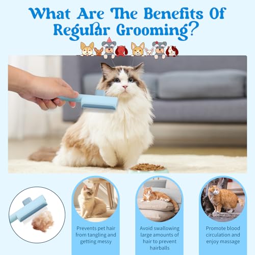 Image of Pet Hair Removal Comb Flea Comb, 2025 New Cat Grooming Brush with Release Button, for Massaging and Cleaning Shedding Pets Hairs, De-Shedding Cat Brush for Short and Long Hair Cats (Blue+Green)