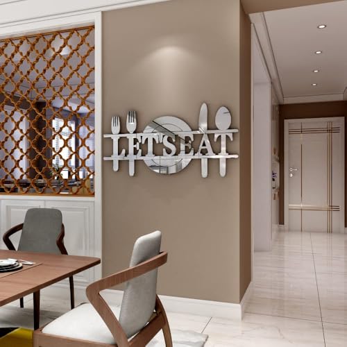 Doeean Let's Eat Wall Decor Letter Signs Acrylic Mirror Wall Decals Decorations Stickers for Kitchen or Dining Room (Silver 26.3 X 13.2)
