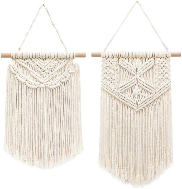 Taufey 2 Pcs Small Macrame Wall Hangings Art Woven Boho Chic Wall Decor Home Decoration for Apartment Bedroom Living Room Hallway, 13" L x 10" W and 16" L x 10" W
