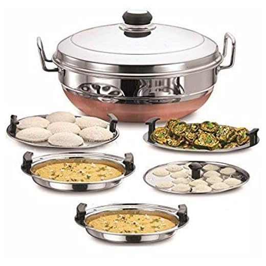 IM ENTERPRISE Stainless Steel Idli Cooker Multi Kadai Steamer with Copper Bottom All-in-One Big Size 5 Plate 2 Idli | 2 Dhokla | 1 Patra | Momo's | 28.5 cm Dia.