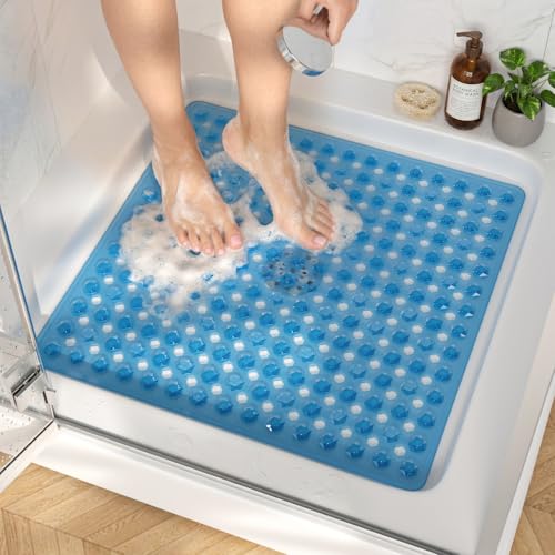 Image of HITSLAM Shower Mat Anti Slip, Square Bath Mat for Tub Non Slip with Suction Cups and Drain Holes, 21x21 Inch Bathroom Shower Stall Floor Mat, Machine Washable, Soft on Feet, Blue