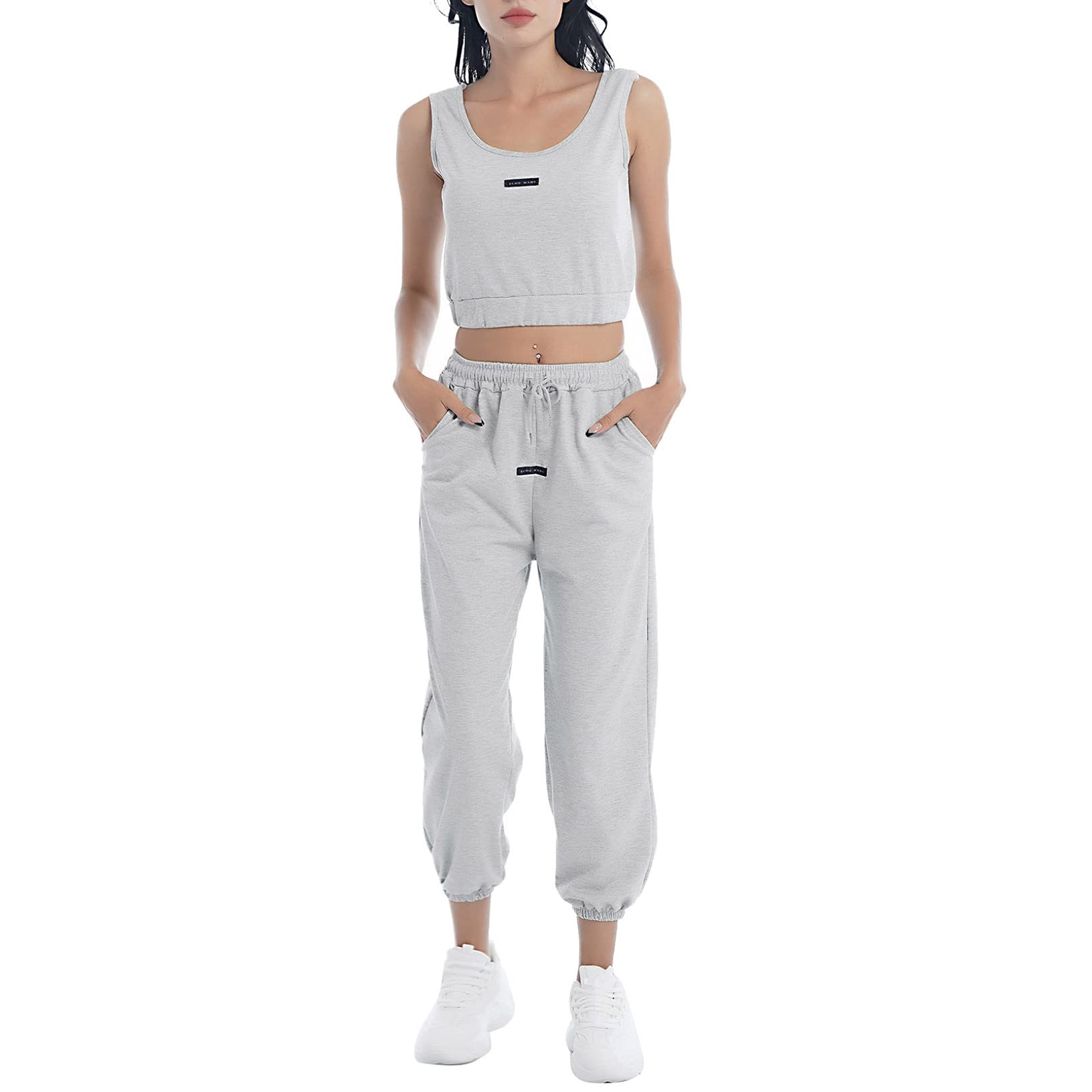 Kaerm Womens Sport Suit 2 Pcs Casual Outfits Cropped Top and Drawstring Jogger Pants Set Tracksuit
