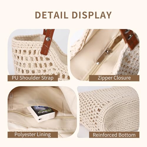 Image of Crochet Beach Bag for Women, Woven Beach Tote with Zipper Closure, Large Boho Summer Bag for Vacation & Pool