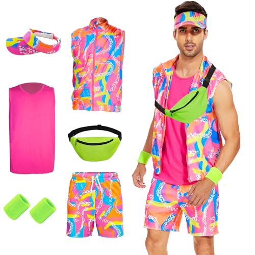 KDFJIEelf 80s Workout Costume for Men, Halloween Cosplay Couples Suit Outfits, 80s 90s Men Workout Costume Outfit Set (Pink, Small)