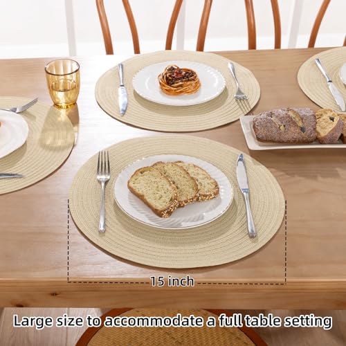 Image of SHACOS 15 inch Round Placemats Set of 8 for Dining Table Cotton Polyester Braided Place Mats Washable Kitchen Table Mats for Dinner Party Table (Light Beige, 8)
