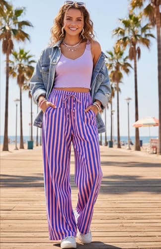 Image of MISSACTIVER Women Drawstring Striped Pants Loose Wide Leg Trousers Comfy Low Waist Pants Casual Lounge Pants with Pockets Pink Blue, Small