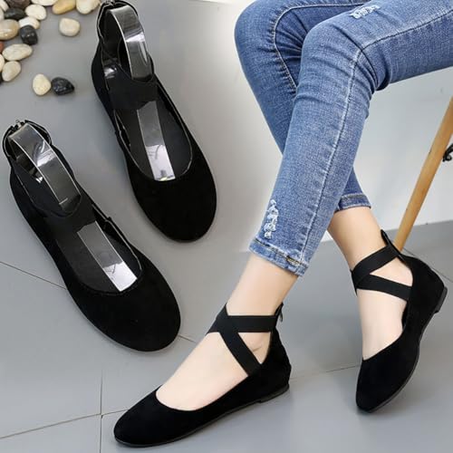 Niction Ballet Flats Shoes for Women Elastic Ankle Straps Flat Suede Round Closed Toe Slip On Shoes Comfortable Work Wedding Office Casual Shoe2