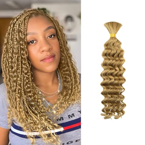 1 Bundle Human Braiding Hair for Boho Braids, 14Inch 40G #27 10A Brazilian Virgin Deep Wave Bulk Human Hair for Braiding, Wet And Wavy No Weft Curly Braiding Hair for Boho Knotless Braids 14