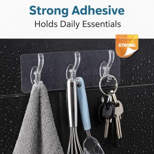 Image of Self Adhesive Hooks for Wall Heavy Duty - 10kg Load Capacity Waterproof Transparent Wall Hooks for Hanging - No Drilling Nail (ProHold Hoo (3 Hook Strip Pack of 3)