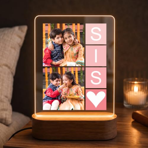 Image of Giftplease Personalised Sister Photo Frame - Custom Acrylic Memory Collage with Wooden Base, Special Raksha Bandhan Gift for Sister, Unique Personalized Keepsake for Rakhi Celebration, Sibling Decor