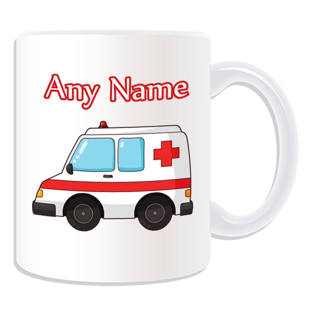 Unigift White Personalised Gift - Ambulance Mug (Transport Design Theme, ) - Any Name/Message On Your Unique - Nhs Van Vehicle Hospital St John Red Cross Paramedic Emergency Services 999 Driver Automobile