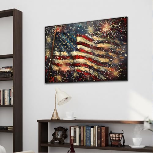 Image of Framed 4th of July Fireworks American Flag Wall Art, Patriotic USA Canvas Art Pictures, Flag Wall Decor for Living Room Man Cave Bar, Ready to Hang Made in USA