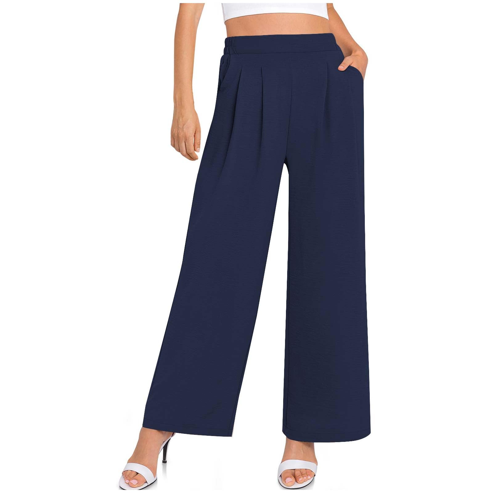 JOAU Womens Casual Pleated Long Pants Elastic High Waist Wide Leg Stretchy Loose Fit Work Business Trousers with
