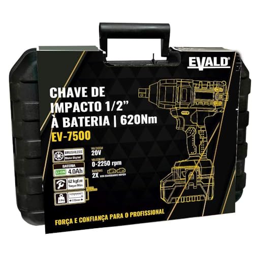 Chave de Impacto 1/2 POL Brushless Bateria 20V 620Nm 2 Baterias 4,0Ah e Maleta EV-7600 BIVOLT EVALD