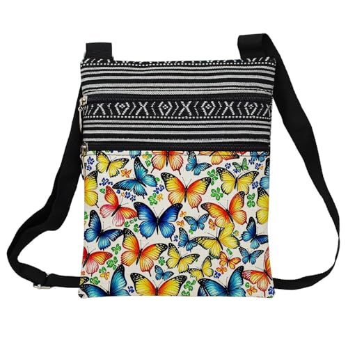 Colorful Butterfly Messenger Bag Small Ethnic Pattern Printed Adjustable Strap Crossbody Zipper Pouch Colorful Butterfly Phone Organizer Wallet Cute Shoulder Handbag for Women