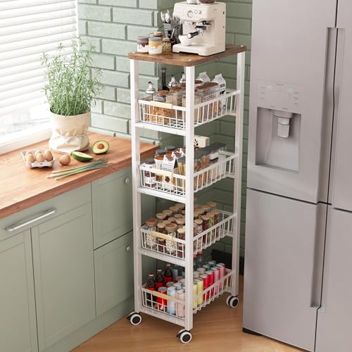 Ornestia 細い棚 5段調味料棚 メタルフレーム木製天板 （ホワイト ）