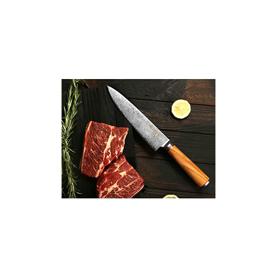 YOUSUNLONG Chef's Knife 8 Inch(20.32cm) Japanese VG10 sharpest kitchen knife 67 layer Damascus high carbon stainless steel knife - Italian olive wood with Leather Sheath