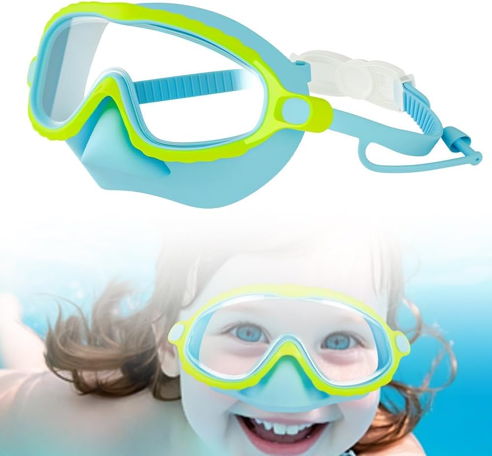 Children's Swimming Goggles with Nose Mask, Anti-Fog Children's Diving Goggles Leakproof Fabric Belt, Suitable for Swimming for Children Aged 3-15 (Blue)