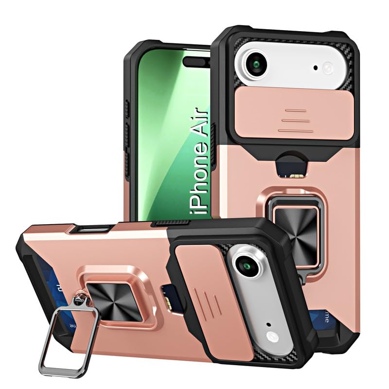 Image of LuxuryKase Shockproof Armor Case for iPhone Air | Slide Camera Cover | Hidden Card Slot | Rotating Ring Kickstand | Magnetic Car Mount Support | Military Grade Protection - Rose Gold