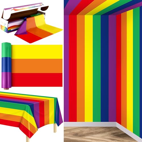 Image of Kochorie 100 Ft x 54 Inch Rainbow Tablecloth Roll with Cutter Box Gay Pride Tablecloth Cut to Size Table Cover Disposable Rainbow Pride Backdrop for Indoor Outdoor Events Party Supplies