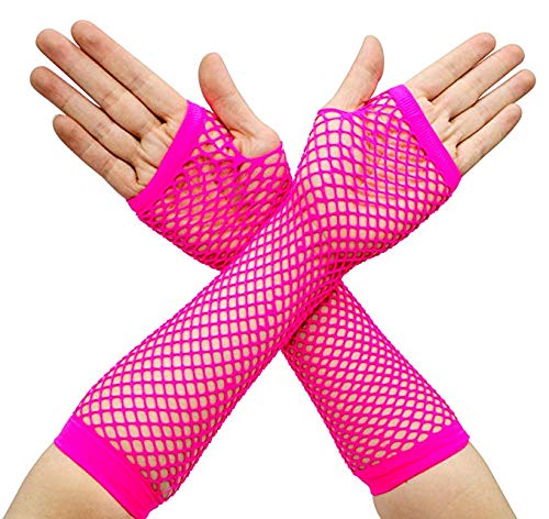 Cheerego 80s Fancy Dress,10 Pcs Multicolour Plastic Neon Fluorescent Rave Bead Necklaces Neon Bracelets Long Fishnet Gloves Accessories Set Girls Women Ladies Night Out 80s Party