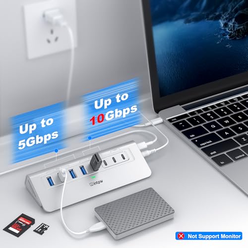 Image of Powered USB Hub 10Gbps, intpw YH6AC Plus 10-Port USB 3.2 Hub (USB A /USB C 3.2+3 USB-A 3.0+2 PD 45W Fast Charging Ports+SD /TF Card Reader), 65W Power Adapter,Aluminum USB HUB for PC,Laptop,iPhone 17 /16