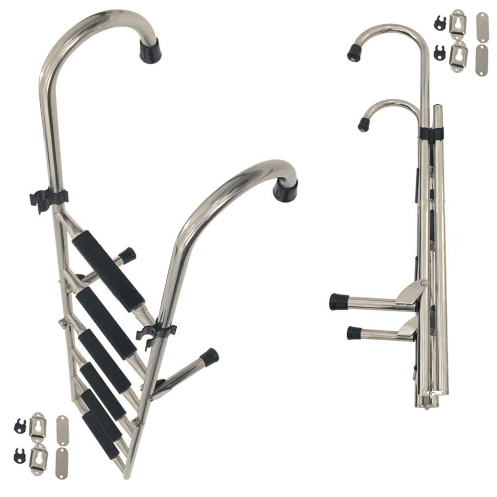 Échelles, échelle de Yacht Marin Pliable à 6 marches, échelle de Bateau à Extension Robuste avec Clips, échelle en Acier Inoxydable pour Pont de Ponton d'entrée arrière intérieur