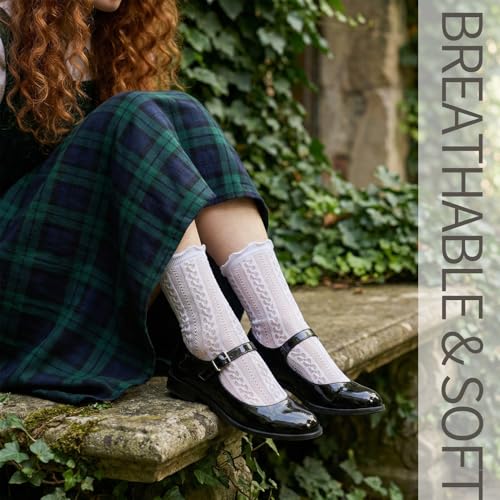 Image of Jspupifip 6 Pairs Lace Ruffle Frilly Crew Socks for Women Girls | Cotton Breathable Cute Princess Ankle Dress Lace Socks Thin Cool Casual Socks