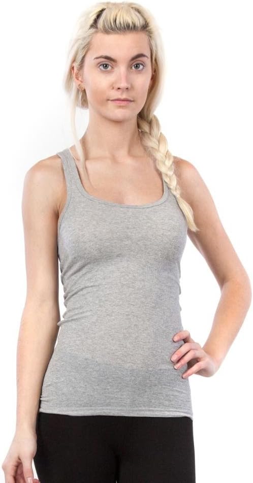 Zenana Outfitters 4 Pack Womens Basic Ribbed Racerback Tank Top BLACK/WHITE/HGREY/DKPURPLE L