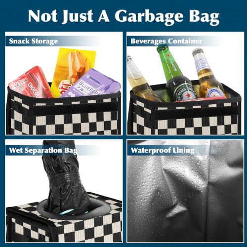 Image of Femuar Leak Proof Car Trash Can with Lid, Collapsible Hanging Waterproof Car Trash Bag with Mesh Pocket for SUV Front Seat Headrest, Black White Plaid