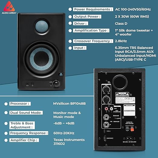 Image of Audio Array Professional Studio Bundle with 24-Bit /192kHz Audio Interface, 4 inch Studio Monitors, Condenser Mic & Stands | for Music Production, Podcasting, Dubbing, Recording & Audio Mixing - UB-01