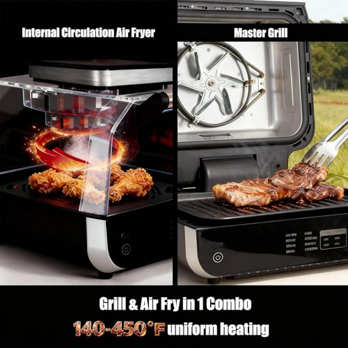 Image of NEWBULIG Electric Grill Outdoor, Electric 8-in-1 BBQ Grills with Air Fryer, Roast, Steak, Broil, Bake, Vegetables, Reheat, Dehydrate, 140F-450F, 1550W, for Barbecue, Camping Gatherings