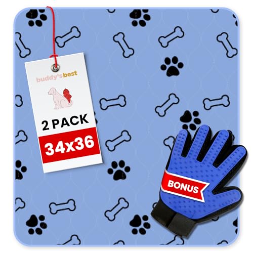 Image of Buddy's Best Washable Pee Pads for Dogs - Medium (34 inchx36 inch) - Ultra-Absorbent, Non-Slip, Ideal for Playpens, Training, Incontinence - (2-Pack) + Bonus Grooming Glove