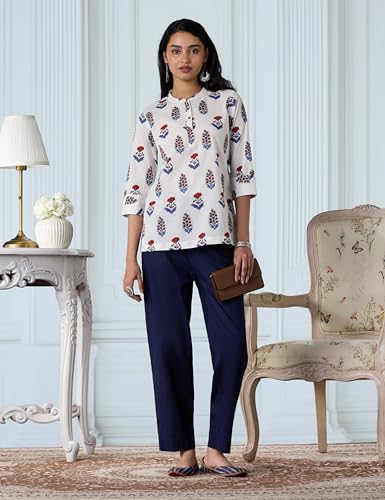 Image of Amazon Brand - Myx Women's Screen Print Straight Printed Regular Cotton Short Kurti (Available in Plus Sizes)