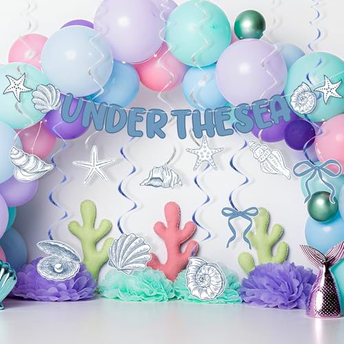 Image of Yunlly Coastal Christmas Decor Blue Bow Starfish and Seashell Garland Hanging Swirls Under The Sea Birthday Party Decorations Coquette Beach Banner for Christmas Bachelorette Wedding Party Favors