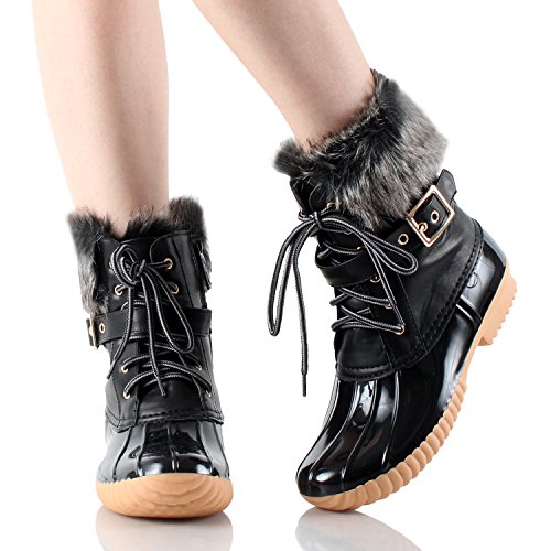 Nature Breeze Duck-01 Women's Chic Lace Up Buckled Duck Waterproof Snow Boots,Black,8.5 - Thumbnail 5