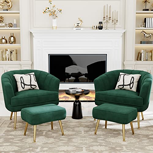 Image of Andeworld Velvet Accent Chair with Ottoman, Barrel Armchair, Green | Velvet Upholstery Side Chair, Includes Ottoman, Golden Metal Legs, 350 Lb Capacity, Living Room Bedroom Office