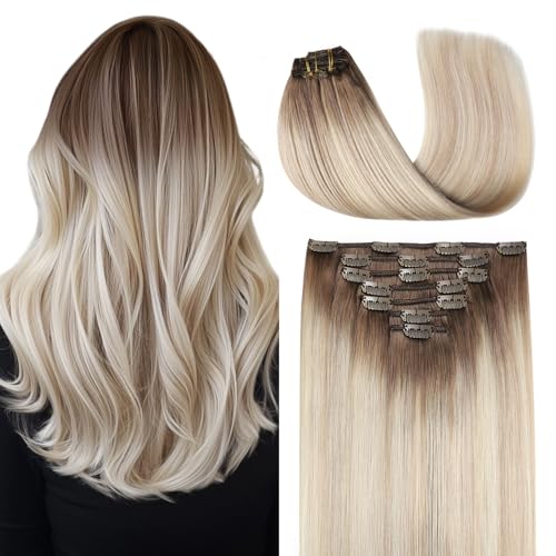 Image of COOKAYU Clip in Hair Extensions Real Human Hair, 8 /60 /18 Ombre Real Hair Extensions Clip in Human Hair, Thick Silky Straight, 14inch 120g 7Pcs