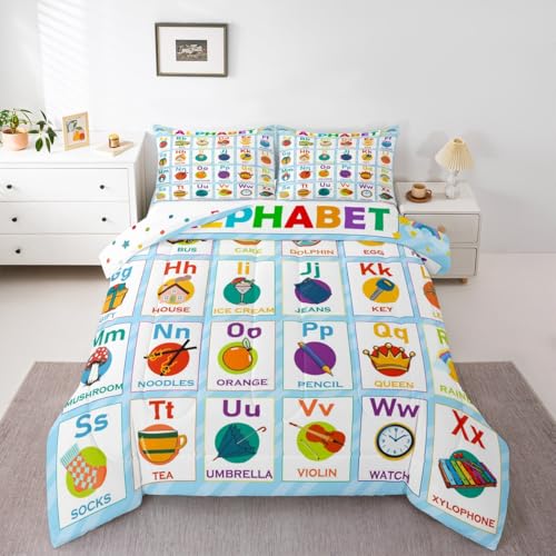Image of Feelyou Alphabet Bedding Set Queen Size, ABC Alphabet Comforter Kids Toddler Learning Time Comforter Set Educational Learning Duvet Set Microfiber Bed Set