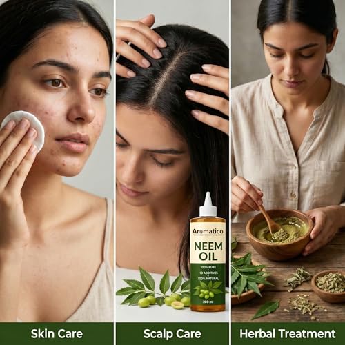 Image of AROMATICO Cold Pressed Neem Oil for Hair & Scalp Health - Neem Hair Oil for Dandruff, Scalp Itching & Hair Growth | Also for Skin Care & Plants | 200ml