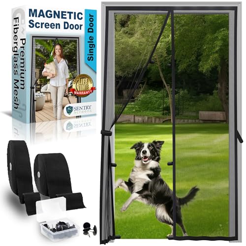 Fiberglass Mesh Magnetic Screen Door – Heavy Duty Self-Closing Hanging Door Net Screen with Magnet Closures – Fits Doors Up to 37'x79' – Black – by Sentry Screens
