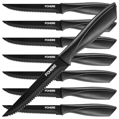 FOHERE 8 Steakmesser Set, Schwarze Steakmesser mit Sägezahn, Edelstahl, Küchenmesser, Perfekt für Weihnachtsessen, Silvesterfeiern, spülmaschinengeeignet